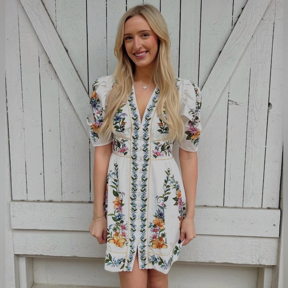 FARM Rio Off-White Sweet Bloom Dreamscape Organic Cotton Mini Dress